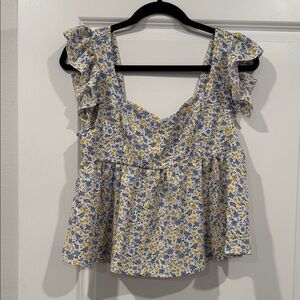 SHEIN Floral Ruffle Sleeve Blouse - Blue and Yellow